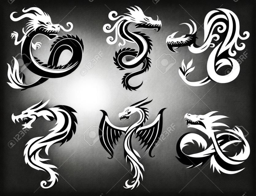 Ilustração do vetor do fundo branco da tatuagem do dragão. Dragão chinês do vetor para a tatuagem. Tatuagem chinesa do dragão. Silhueta do dragão da tatuagem de China. Tatuagem animal da silhueta do dragão do símbolo de China.