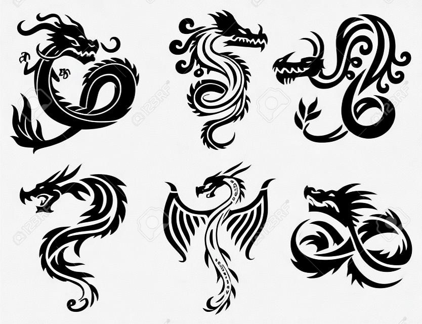 Ilustração do vetor do fundo branco da tatuagem do dragão. Dragão chinês do vetor para a tatuagem. Tatuagem chinesa do dragão. Silhueta do dragão da tatuagem de China. Tatuagem animal da silhueta do dragão do símbolo de China.