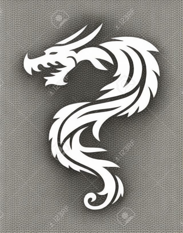 龍紋身白色背景的矢量插圖。矢量中國龍的紋身。中國龍紋身。中國龍紋身剪影。中國龍象徵剪影動物紋身。