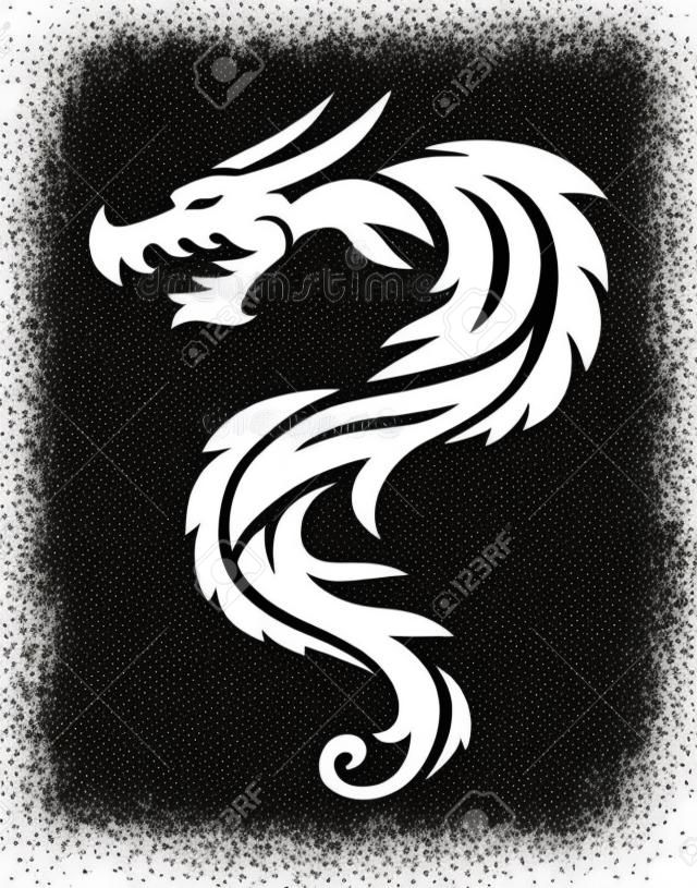 龍紋身白色背景的矢量插圖。矢量中國龍的紋身。中國龍紋身。中國龍紋身剪影。中國龍象徵剪影動物紋身。