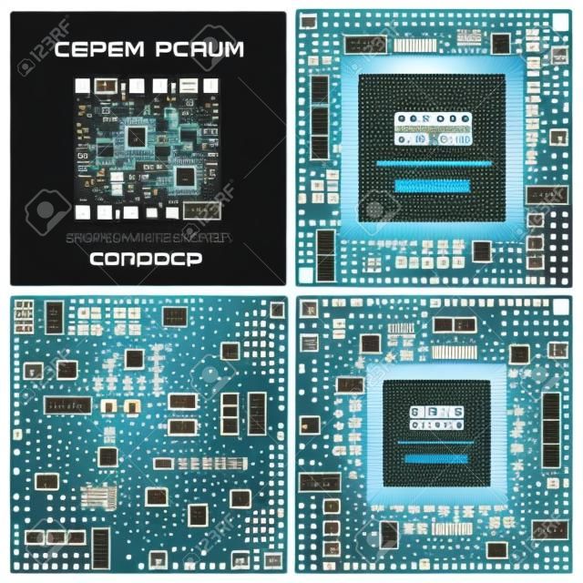 Computer chip technology processor circuit and computer motherboard information system chip vector. Computer chip electronic circuit board with processor flat vector illustration set.