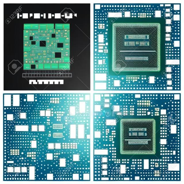 Computer chip technologie processor circuit en computer moederbord informatiesysteem chip vector. Computer chip elektronische printplaat met processor platte vector illustratie set.