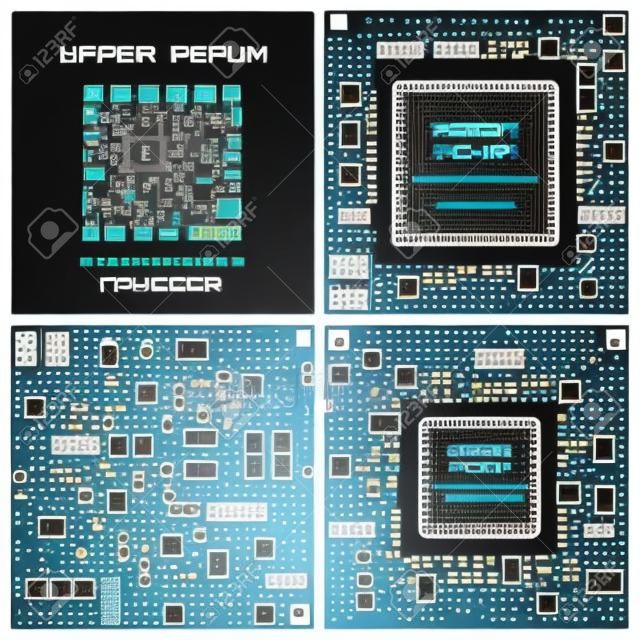 Computer chip technology processor circuit and computer motherboard information system chip vector. Computer chip electronic circuit board with processor flat vector illustration set.