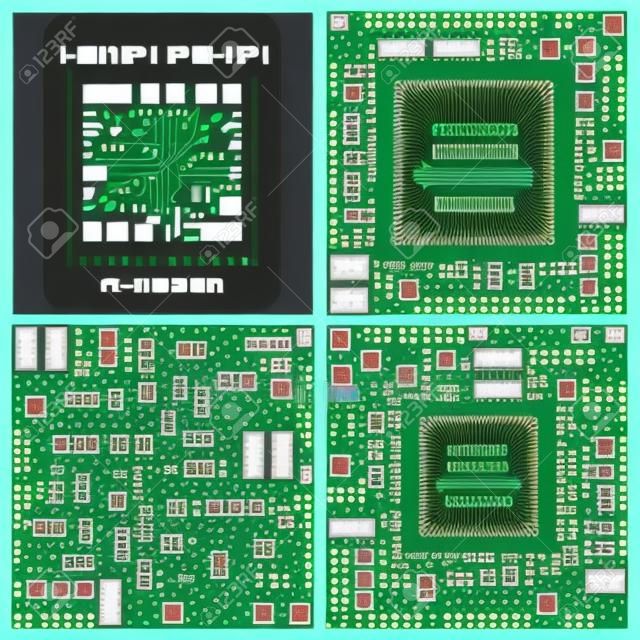 Computer chip technologie processor circuit en computer moederbord informatiesysteem chip vector. Computer chip elektronische printplaat met processor platte vector illustratie set.