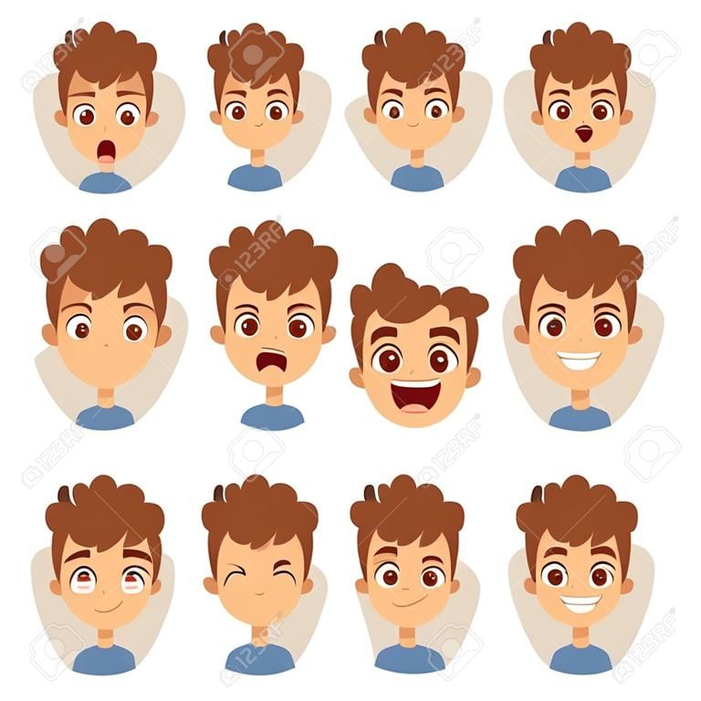 emociones chico divertido y lindo niño retrato emociones avatares. Ilustración que ofrece a los niños niño mostrando diferentes expresiones faciales emociones vector de la historieta.