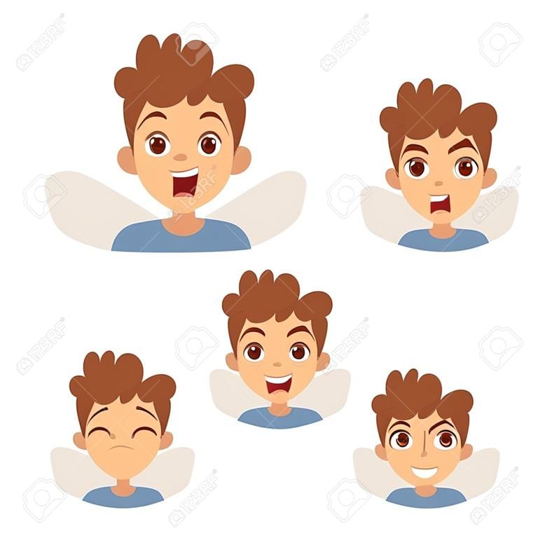 Funny boy emotions and cute boy portrait emotions avatars. Illustration featuring boy kids showing different facial expressions emotions cartoon vector.