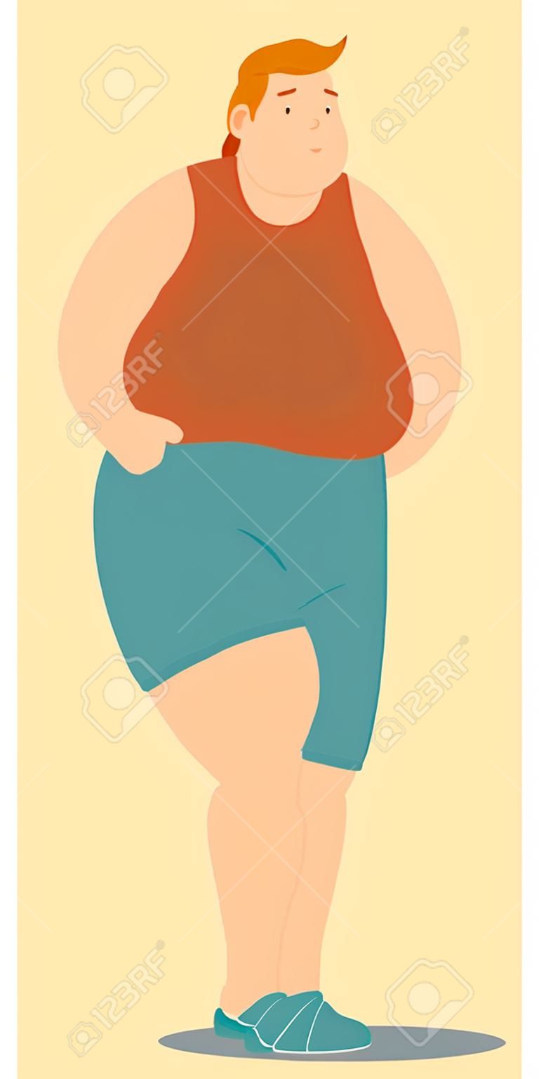 Personaggio dei cartoni animati di ragazzo grasso, fitness Dieta. ragazzo Uomo grasso in piedi illustrazione piatta vettore del fumetto. Fat figura uomo