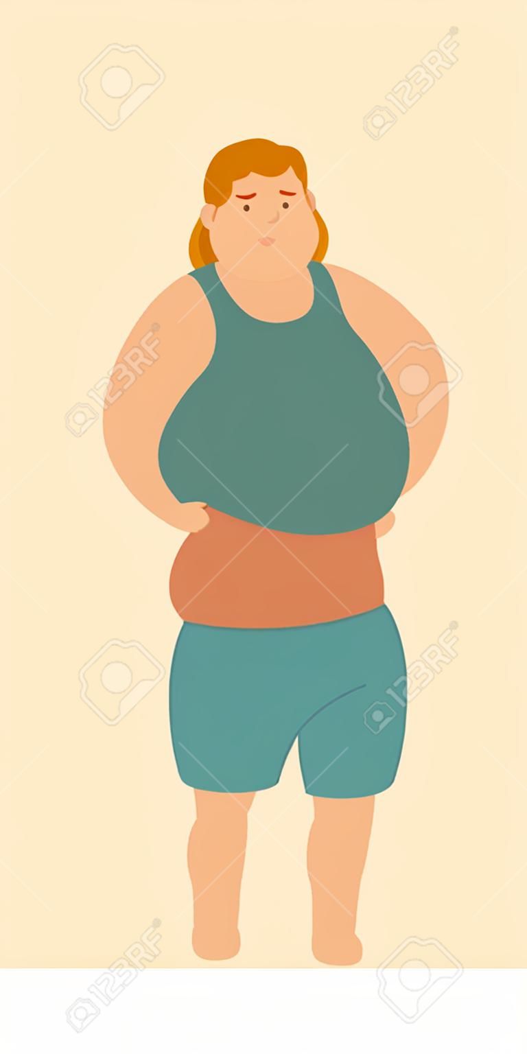 Personaggio dei cartoni animati di ragazzo grasso, fitness Dieta. ragazzo Uomo grasso in piedi illustrazione piatta vettore del fumetto. Fat figura uomo