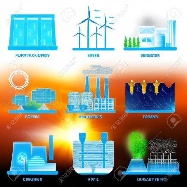 Diferentes tipos de geração de fontes de energia e energia, incluindo eólica, solar, hidrelétrica ou hidrelétrica e outras. Fontes de energia renováveis ou sustentáveis e fontes de energia usinas de energia.