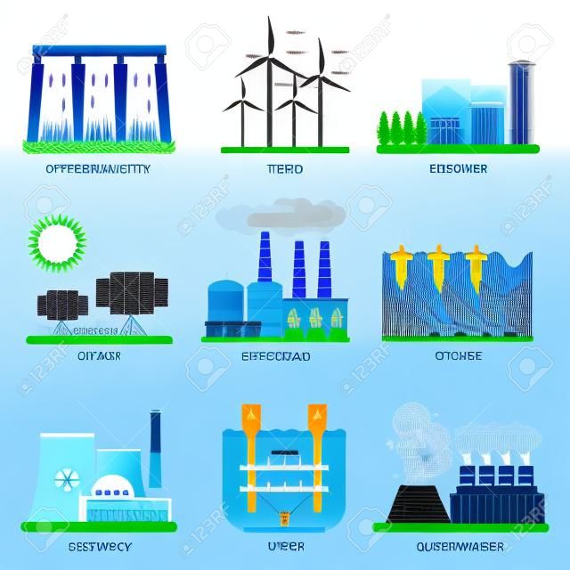 Verschiedene Arten von Strom- und Energiequellen Generation wie Wind, Sonne, Wasser oder Wasser-Damm und andere. Energiequellen erneuerbare oder nachhaltige und Energiequellen Kraftwerke.