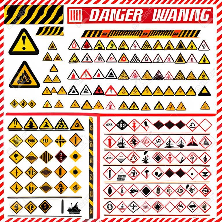 Símbolos de perigo de aviso triangular. Ilustrador de vetor de sinal de perigo grande conjunto. Coleta de aviso de segurança de sinal de perigo e aviso de risco parar sinal de perigo. Sinal de triângulo amarelo tóxico de segurança.