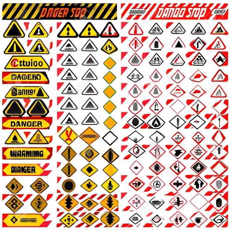 삼각형 경고 위험 기호. 큰 집합 위험 기호 벡터 일러스트. 위험 기호 안전 경고 수집 및 위험주의 정지 위험 기호입니다. 보안 유독 노란색 삼각형 기호.
