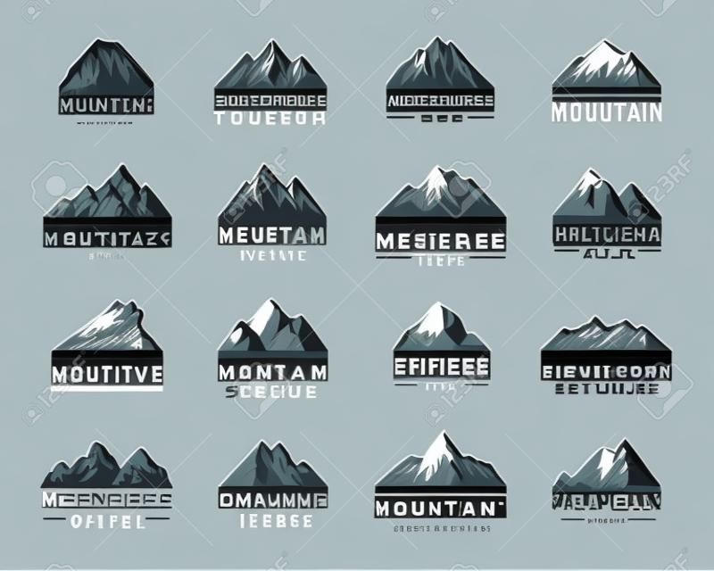 Mountain vector icons set. Set of mountain silhouette elements. Outdoor icon snow ice mountain tops, decorative symbols isolated.