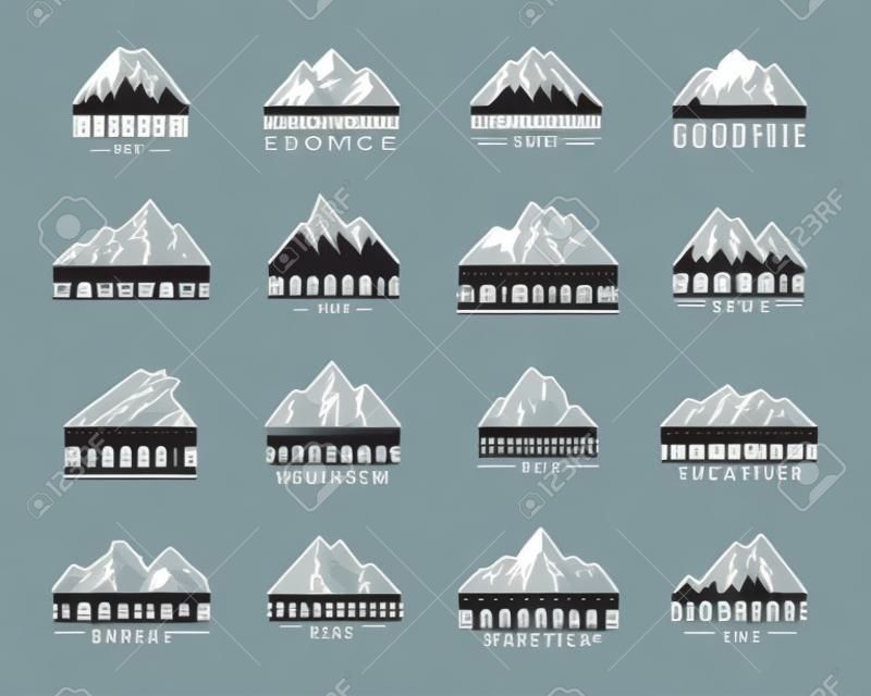 Conjunto de ícones de vetor de montanha. Conjunto de elementos de silhueta de montanha. Tops de montanha de gelo de neve de ícone ao ar livre, símbolos decorativos isolados.