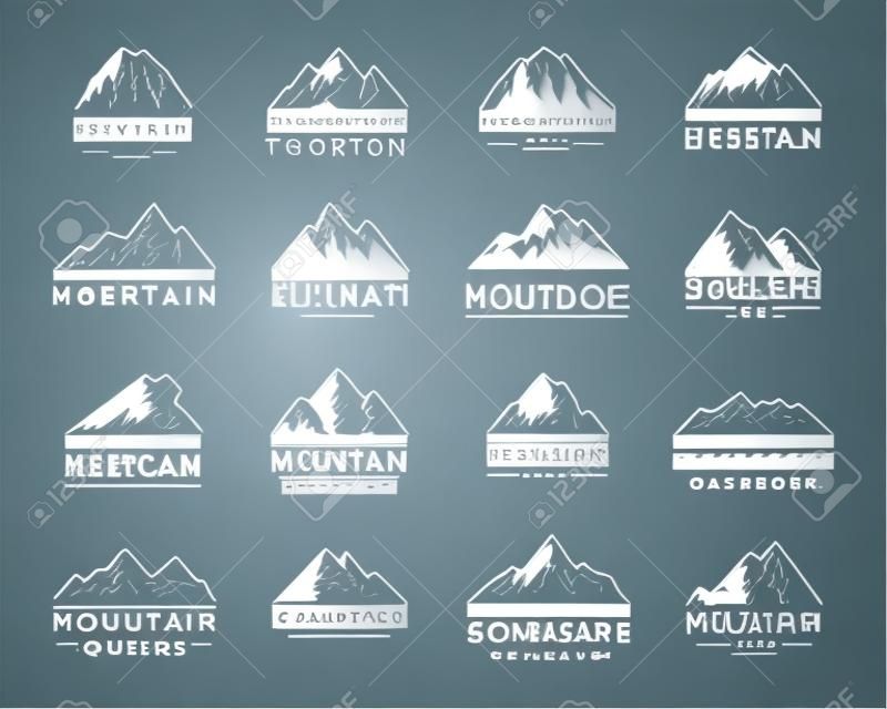 山矢量圖標集。一套山剪影元素。戶外圖標雪冰山頂，裝飾符號隔離。