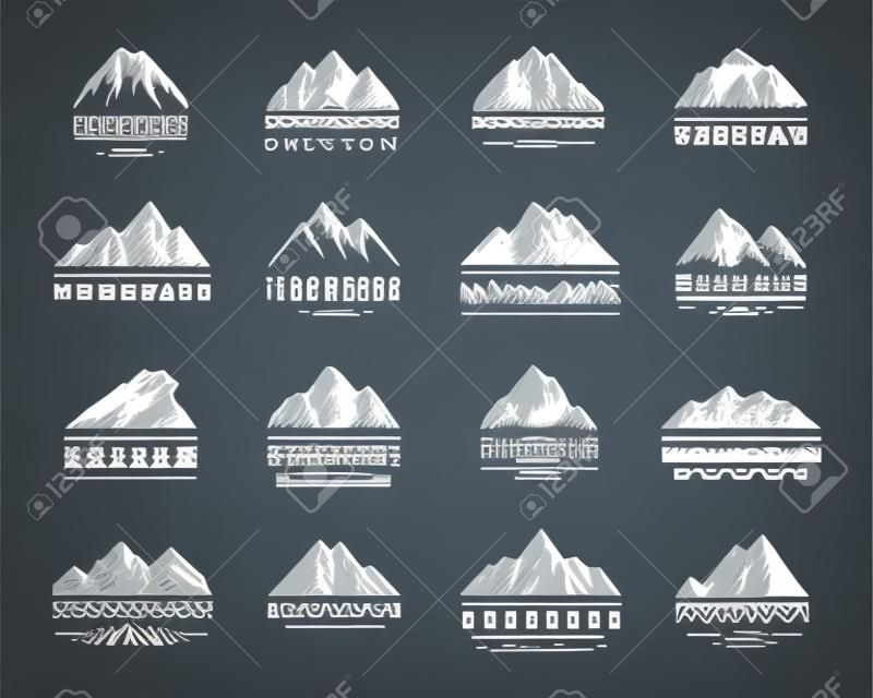 Zestaw ikon wektorowych. Zestaw elementów sylweta górskich. Ikona na świeżym powietrzu Góra śniegu lodu, ozdobne symbole izolowane.