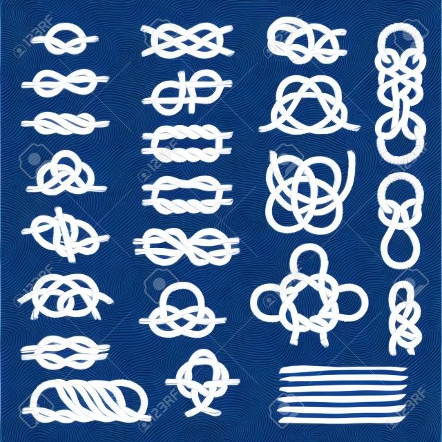 Bleu marine noeuds mer vector modèle graphique ligne bleue design. Illustrations vintage de noeuds de corde nautique blanche sur fond bleu. Types de n?uds nautiques câble de corde de cordon nautique de mer.