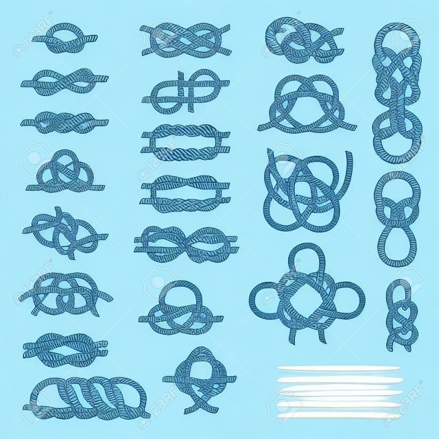 Bleu marine noeuds mer vector modèle graphique ligne bleue design. Illustrations vintage de noeuds de corde nautique blanche sur fond bleu. Types de n?uds nautiques câble de corde de cordon nautique de mer.
