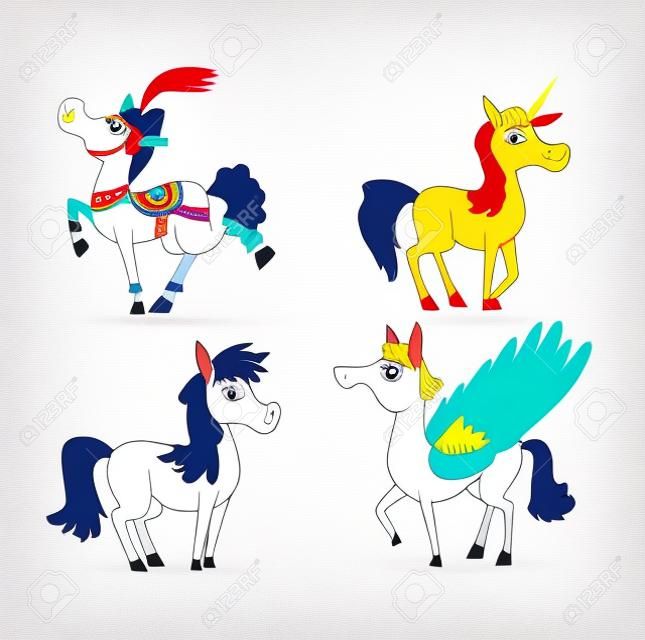 Cartoon horse on white background character. Cartoon horse vector. Cute cartoon horse farm animals happy mane stallion character design. Adorable cartoon horses equestrian, mammal, thoroughbred.