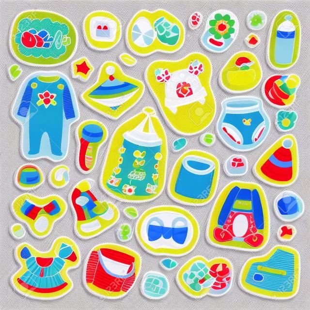 Infant small newborn baby clothes and toys icon set design textile casual fabric and infant dress. New born child kids garment wear illustration. Cute object suit infant cotton.