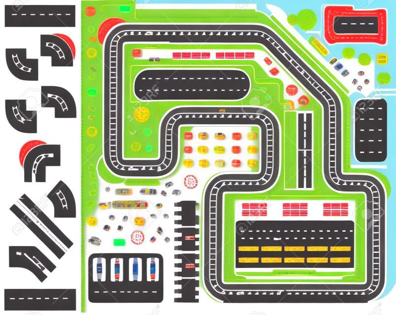 Race car sport track curve road vector. Top view of car sport competition constructor symbols. Circuit transportation tire car speedway line. Automobile highway flare formula finish