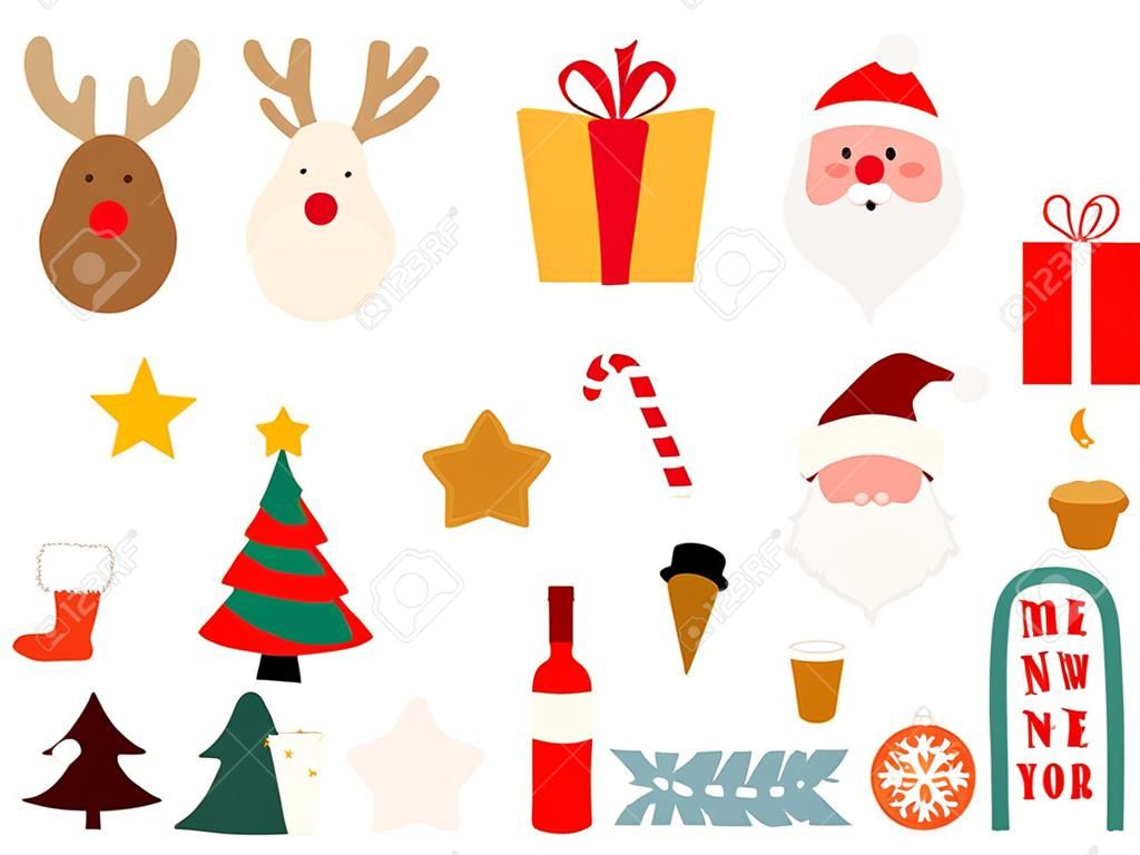 Weihnachtsikonen-Vektorsymbole für Grußkartenwinter-Feierdesign. Frohe Weihnachtsferien Winter Dekoration Symbole. Hand gezeichnete Grußkarten-Weihnachtssymbole des neuen Jahres.