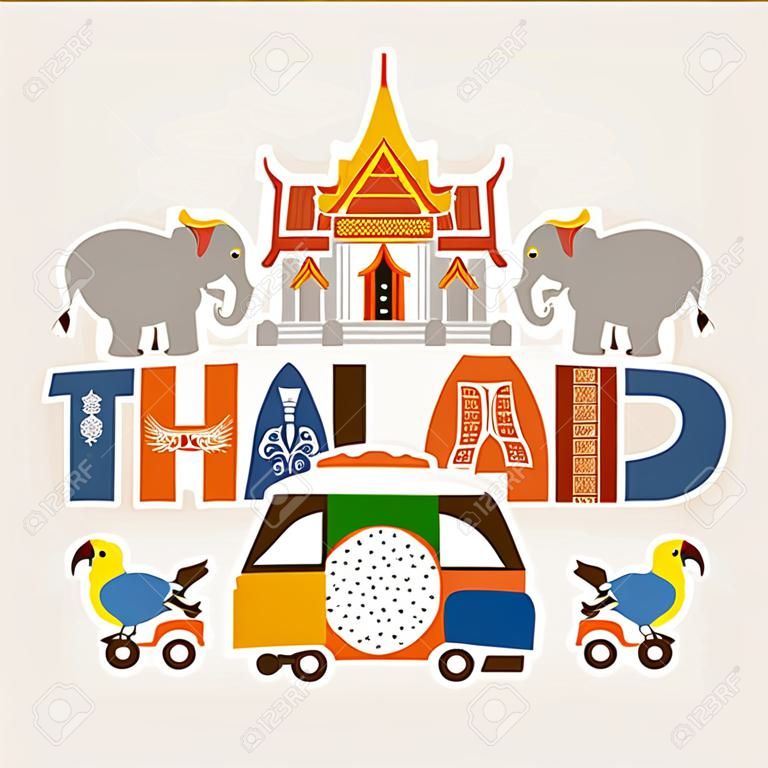 Thailand banner. Traditions, culture of country. Ancient memorials, buildings, nature and animals such as elephant, parrot bird. Transport vehicle tuk tuk vector illustration.