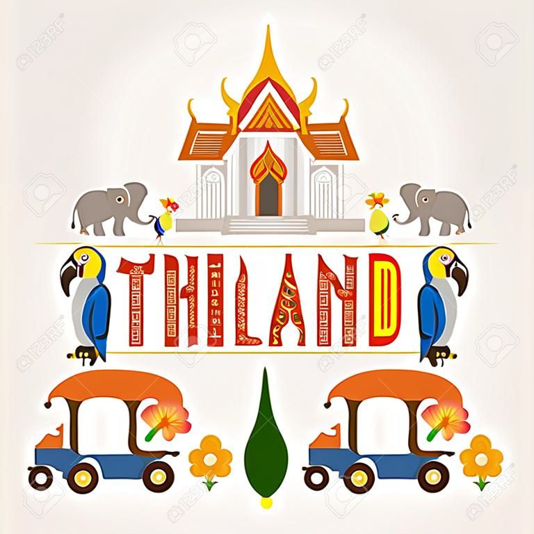 Thailand banner. Traditions, culture of country. Ancient memorials, buildings, nature and animals such as elephant, parrot bird. Transport vehicle tuk tuk vector illustration.