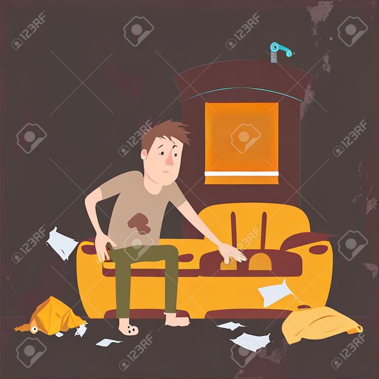 Unemployed man in dirty room, jobless person in messy house, poor person apartment, vector illustration. Depressed male cartoon character, broken furniture and trash. Homeless person lonely and hungry