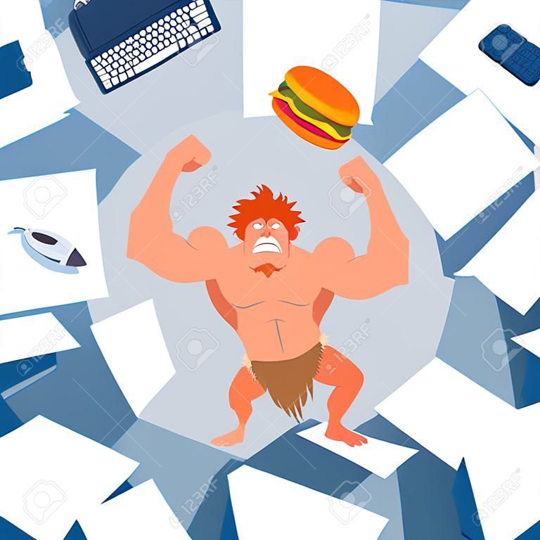 Cave man angry office worker vector illustration. Unassigned person to work, primitive instinct. Character guy with loincloth destroy workplace, keyboard, coffee, smartphone and snack fly to sides.