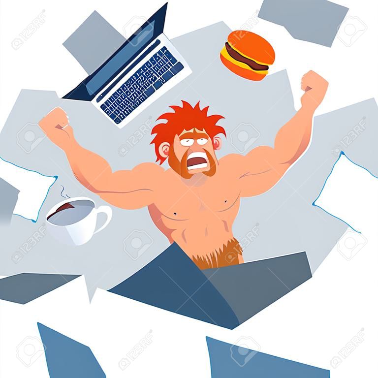 Cave man angry office worker vector illustration. Unassigned person to work, primitive instinct. Character guy with loincloth destroy workplace, keyboard, coffee, smartphone and snack fly to sides.