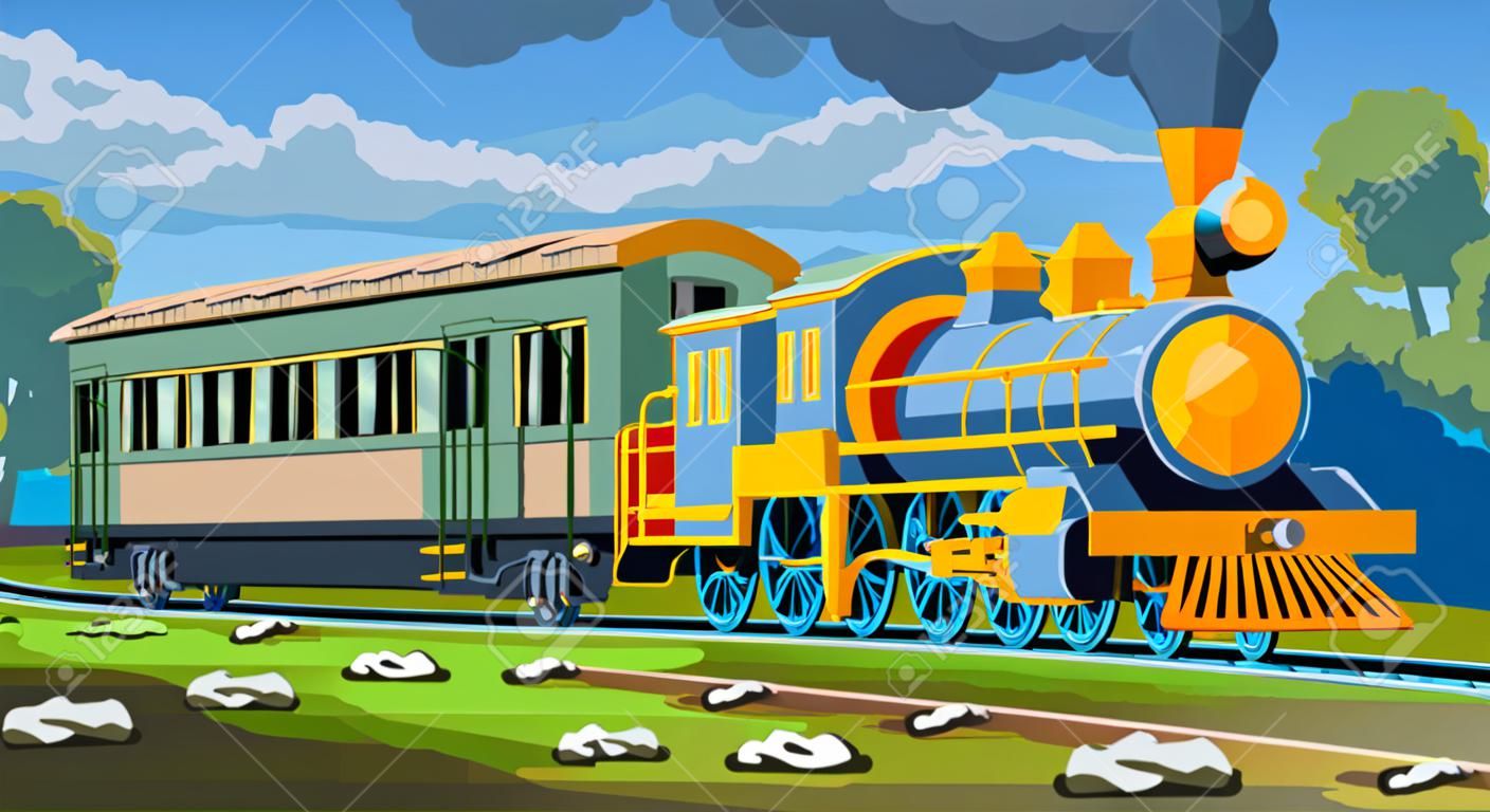 Página colorida vectorial con tren modelo 3d y paisaje brillante. Hermosa ilustración vectorial con viajes en tren. Vector gráfico de tren retro vintage.