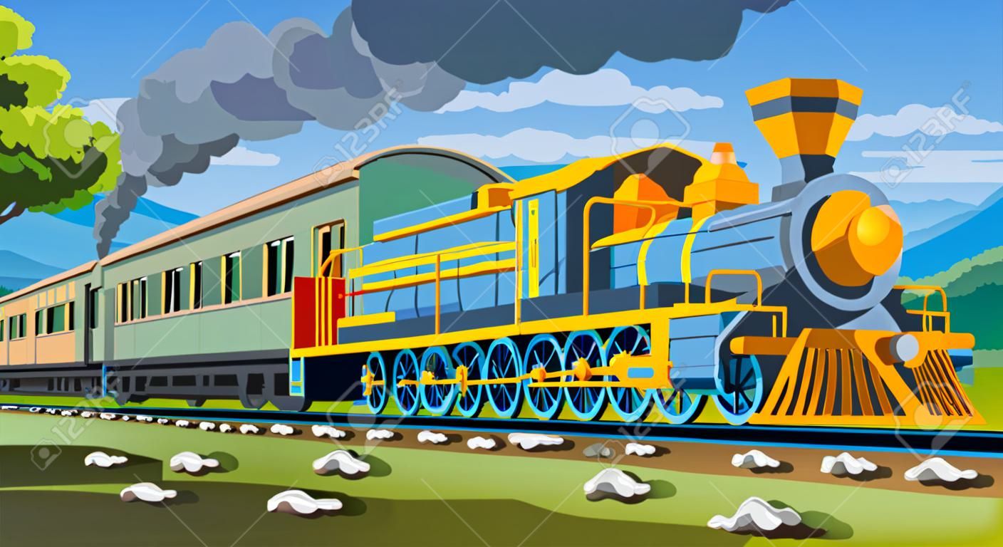 Vector coloful page with 3d model train and bright landscape. Beautiful vector illustration with train travel. Vintage retro train graphic vector.