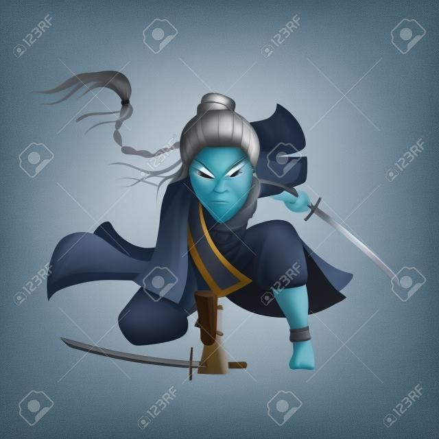 Ancient cartoon warrior fighter soldier and military old woman in blue cloth and with a gray pigtail from various culture such as ninja Chinese or japanese warrior character. Isolated.