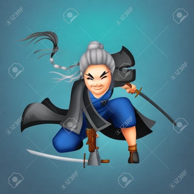 Starożytny kreskówka wojownik wojownik żołnierz i stara kobieta wojskowa w niebieskim suknem i szarym warkoczem z różnych kultur, takich jak postać chińskiego ninja lub japońskiego wojownika. odosobniony.