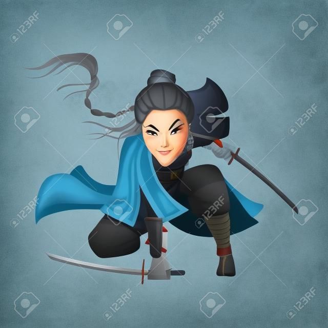 Antigua caricatura guerrera soldado y anciana militar en tela azul y con una coleta gris de varias culturas como ninja chino o personaje guerrero japonés. Aislado.