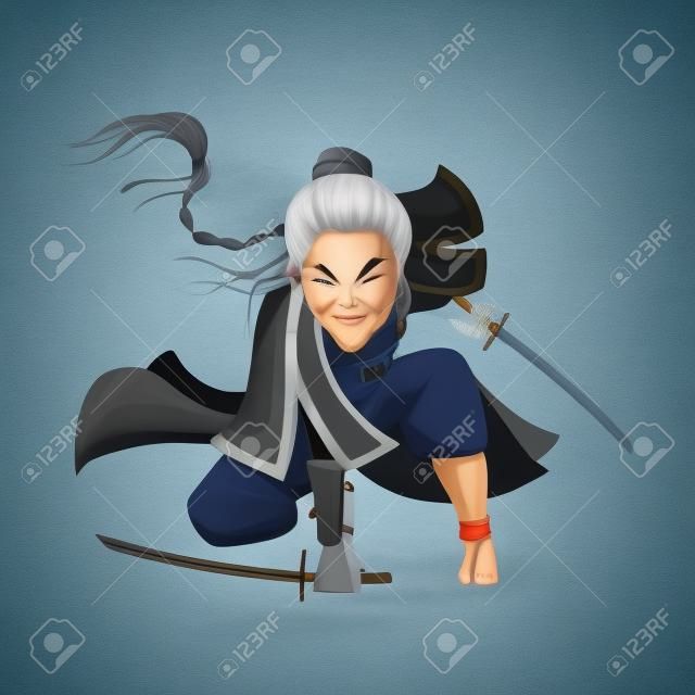 Ancient cartoon warrior fighter soldier and military old woman in blue cloth and with a gray pigtail from various culture such as ninja Chinese or japanese warrior character. Isolated.