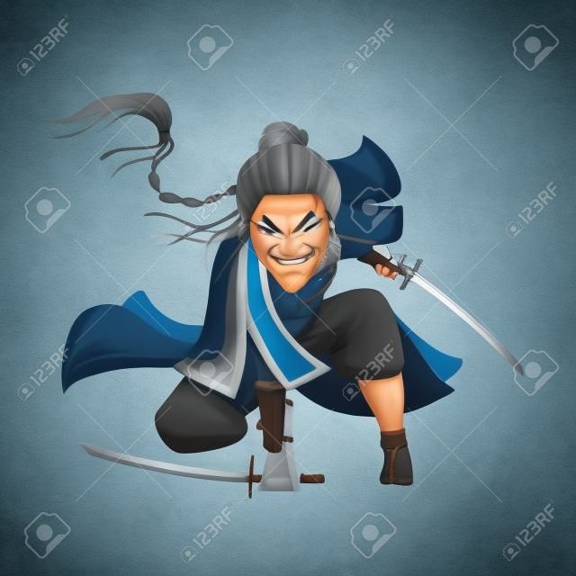 Antigua caricatura guerrera soldado y anciana militar en tela azul y con una coleta gris de varias culturas como ninja chino o personaje guerrero japonés. Aislado.
