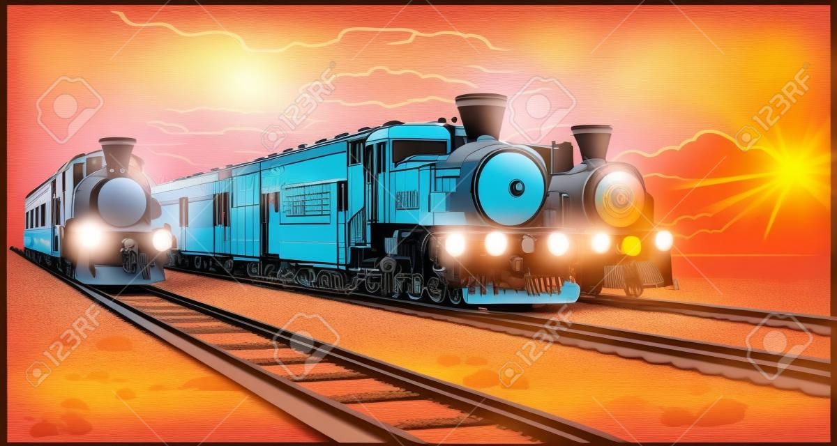 Wektor kolorowanki z pociągami modeli 3D i jasnym krajobrazem. piękna ilustracja wektorowa z podróży pociągiem. wektor graficzny rocznika retro pociągu.
