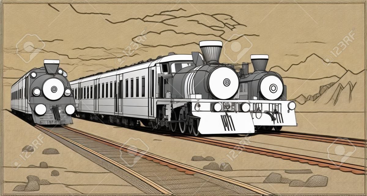 Vector coloring page with 3d models trains and bright landscape. Beautiful vector illustration with train travel. Vintage retro train graphic vector.