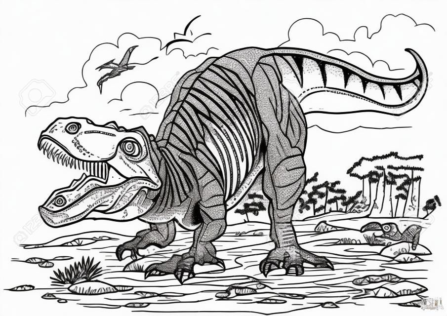 Tyrannosaurus. Dinossauro para colorir para crianças e adultos, ilustração desenhada à mão. Tamanho A4. Design para papéis de parede, embalagens, cartões postais e cartazes. Preto e branco. Natureza selvagem.
