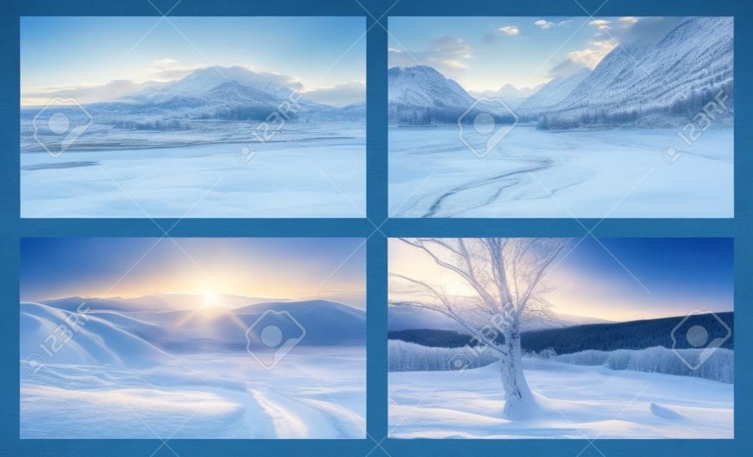 Schöne Sommer- und Winterlandschaften mit blauem Himmel, Flüssen, Bäumen, Wäldern, Bergen, Wolken und Schneegipfeln im Hintergrund. Landschaftshintergründe für Ihre Kunst.