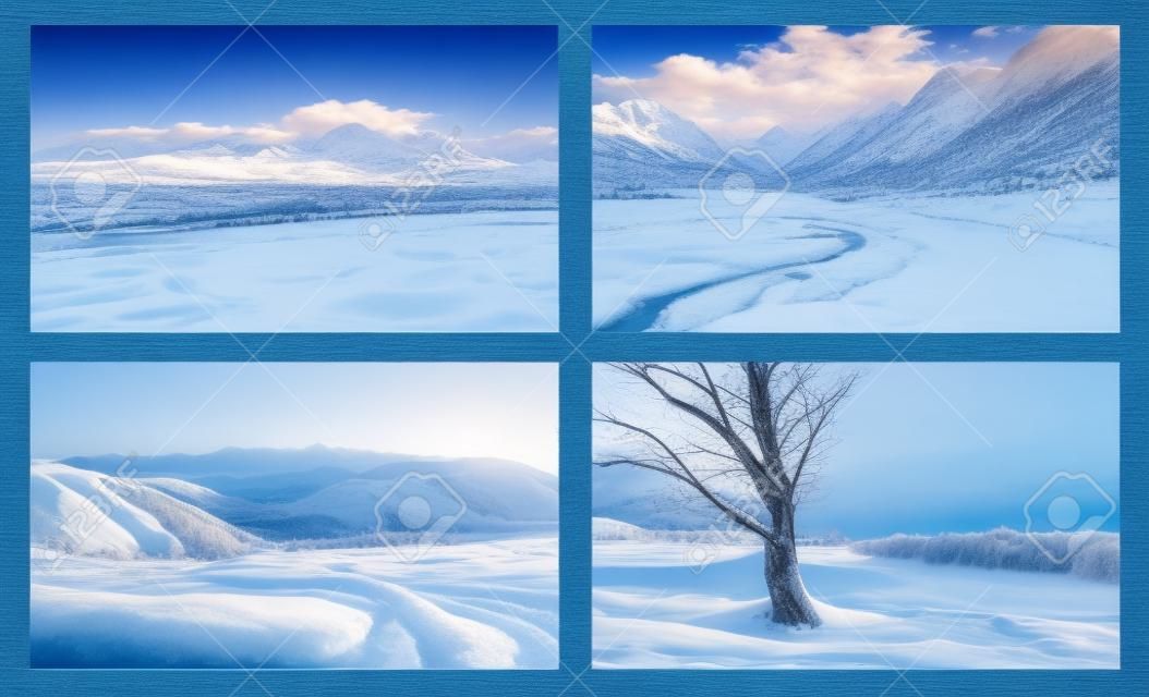 Schöne Sommer- und Winterlandschaften mit blauem Himmel, Flüssen, Bäumen, Wäldern, Bergen, Wolken und Schneegipfeln im Hintergrund. Landschaftshintergründe für Ihre Kunst.