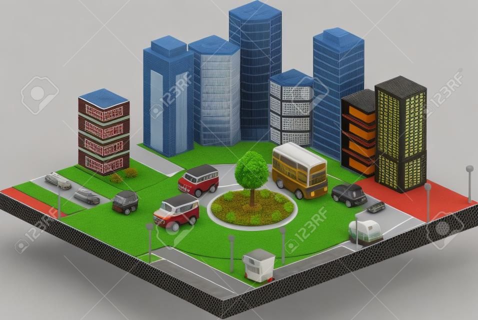 Città in 3D con il trasporto e gli edifici
