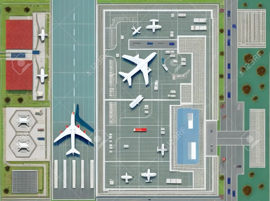 Overhead oogpunt luchthaven met alle gebouwen, vliegtuigen, voertuigen en luchthaven baan