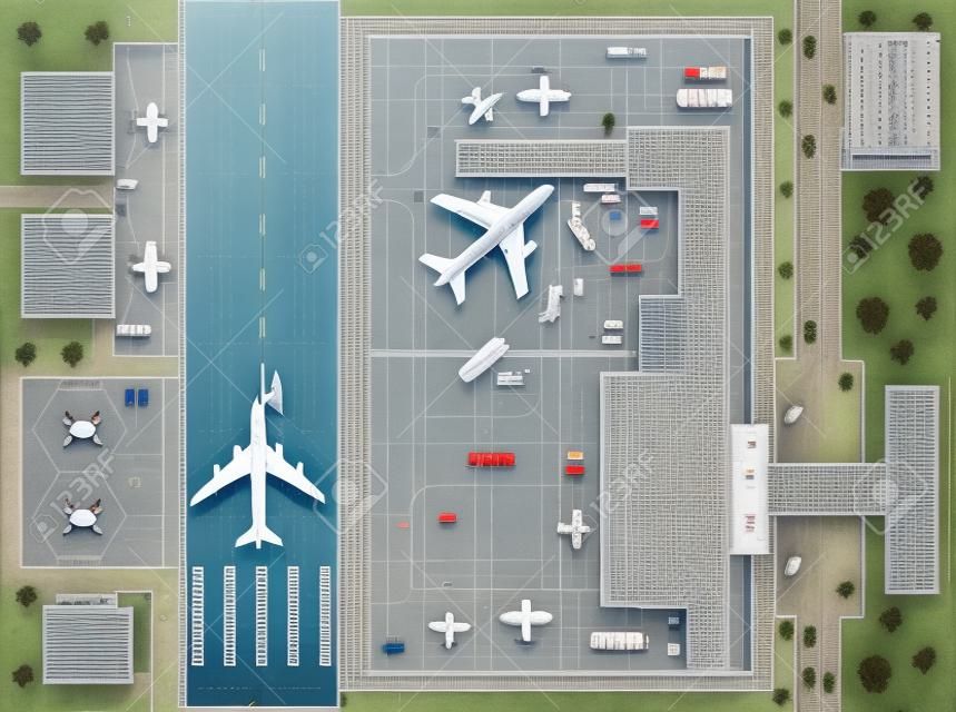 Overhead Sicht Flughafen mit allen Gebäuden, Flugzeugen, Fahrzeugen und Landebahn des Flughafens