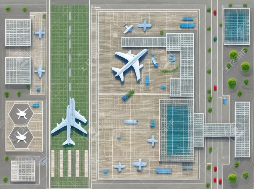Накладные точка зрения аэропорта со всеми зданиями, самолетов, транспортных средств и взлетно-посадочной полосы