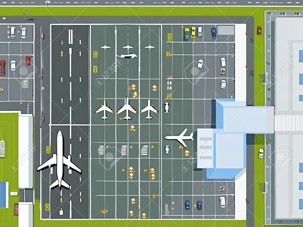 Overhead oogpunt luchthaven met alle gebouwen, vliegtuigen, voertuigen en luchthaven baan