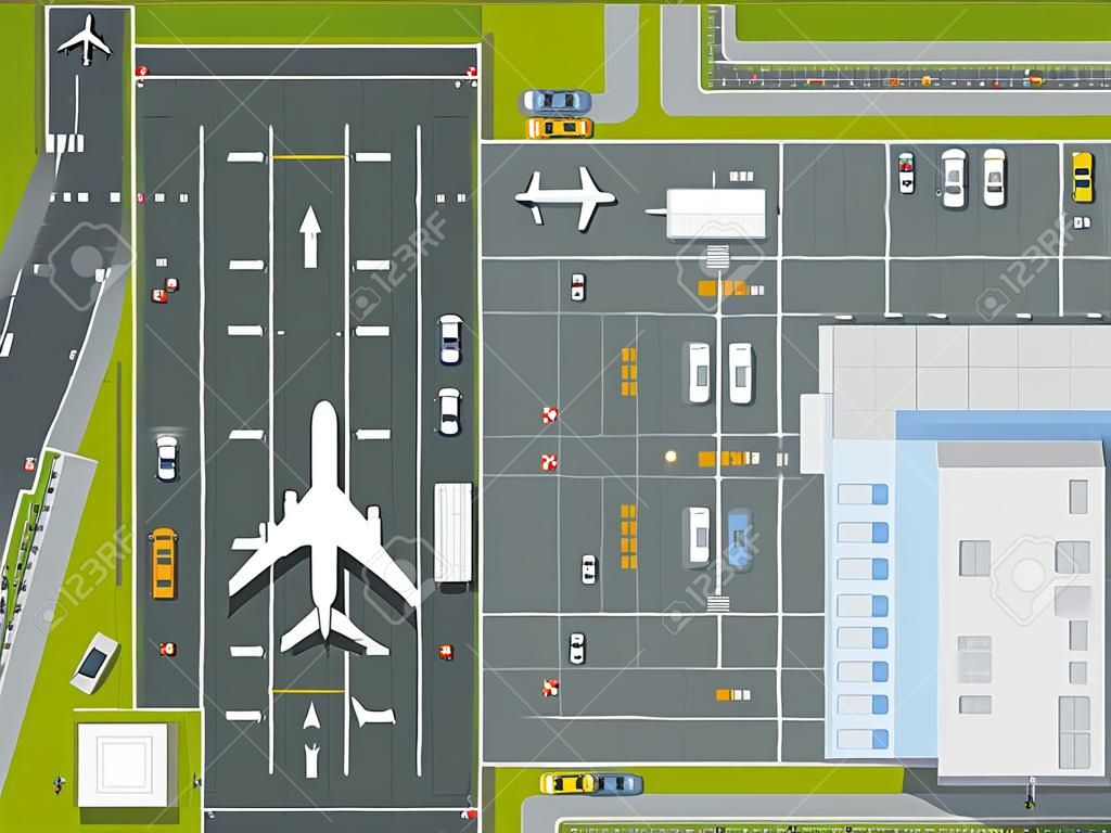 Overhead szempontból repülőtér összes épületek, repülőgépek, járművek és a repülőtéri kifutópálya