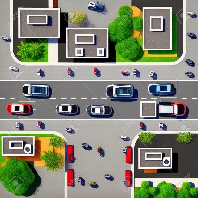 城市的俯視圖。與汽車和房屋的城市十字路口的俯視圖。